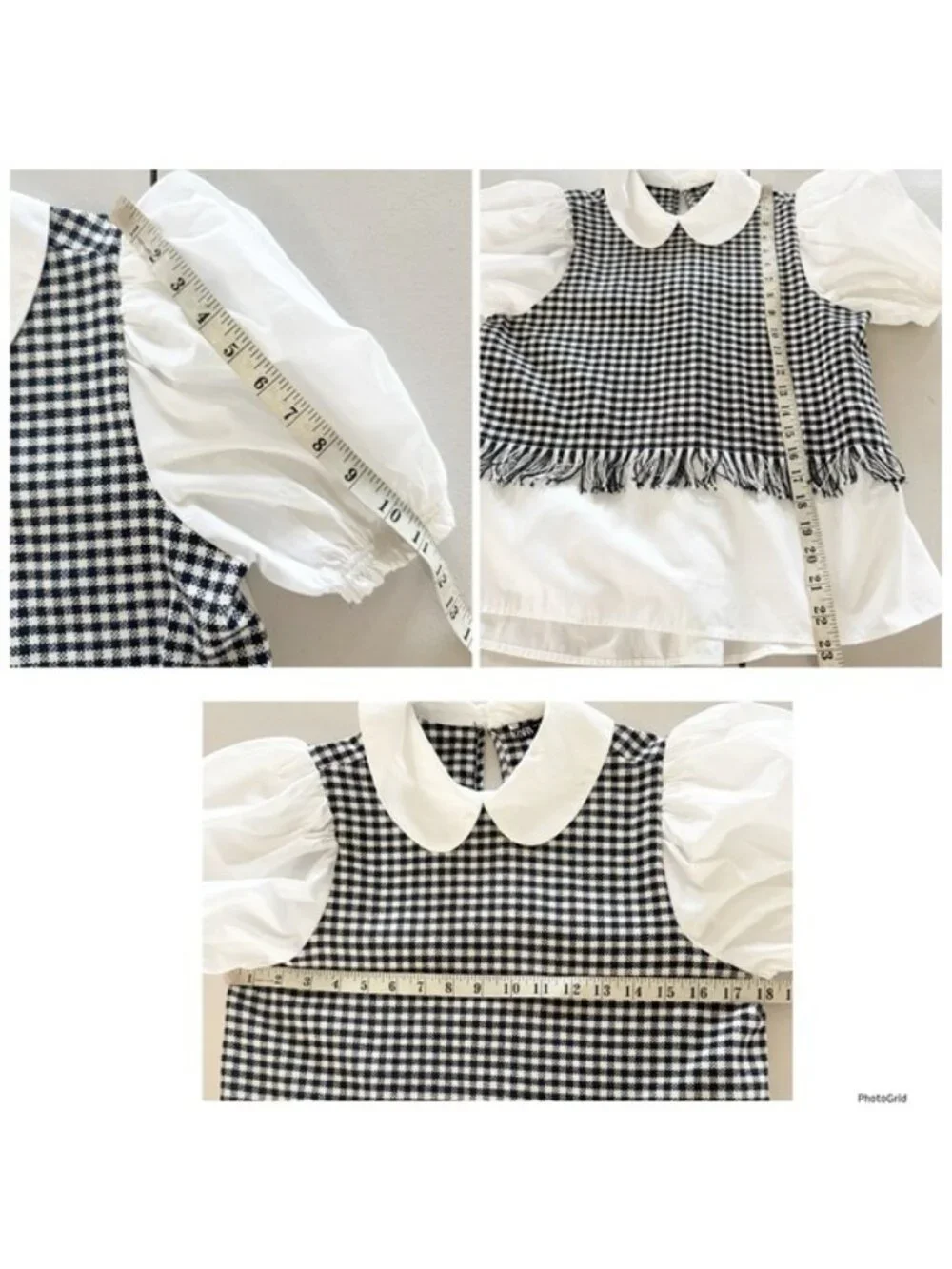 Zara Black and White Checkered Puff Sleeve shirt top w tweed fringed vest Small